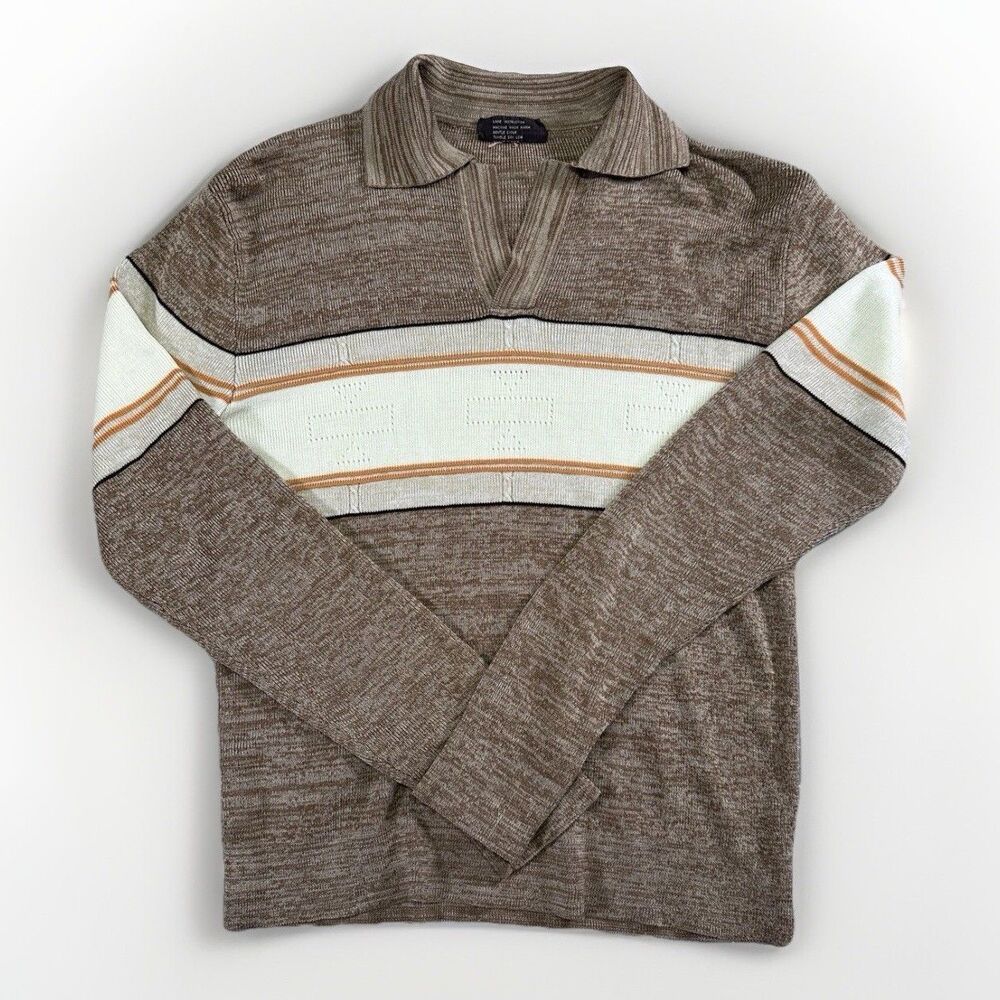 VTG 70s SPORTWEAR Acrylic Knit Polo Shirt Sz Lg R.O.C. Retro Striped Long Sleeve